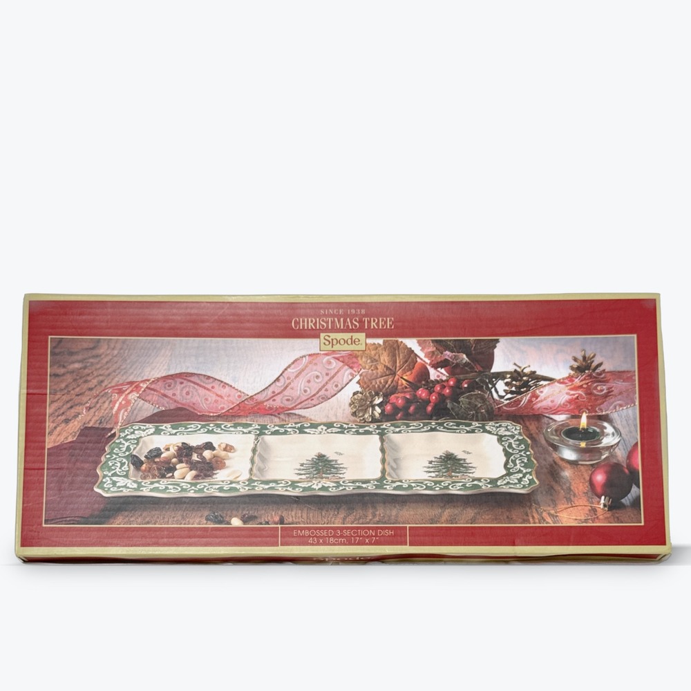 Vtg Spode Christmas Tree Embossed Serving Tray 3 Section Dish England  17 x 7